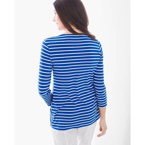 Chico's Womens Top Sz 1 M 8 Blue White Miraculous Stripe‎ Tiered Knit - Picture 5 of 13